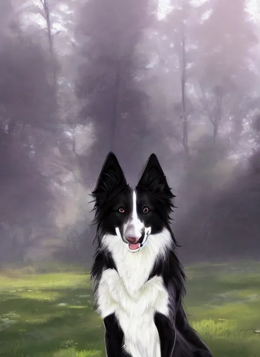 Image similar to full body digital painting of a cute male anthropomorphic border collie fursona wearing a jacket in front of a park, by charlie bowater, henry asencio, and ross tran, furaffinity, scenic background, intricate, elegant, beautiful, fantasy, highly detailed, trending on artstation