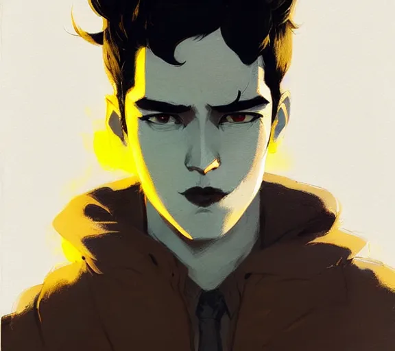 Image similar to portrait man with black hair and yellow eyes, by atey ghailan, by greg rutkowski, by greg tocchini, by james gilleard, by joe fenton, by kaethe butcher, by ashley wood, dynamic lighting, gradient light blue, brown, blonde cream and white color scheme, grunge aesthetic