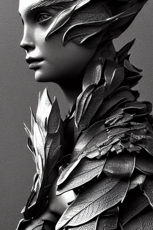 Image similar to bw close - up profile face, black background, beautiful young porcelain vegetal - dragon - cyborg - female, 1 5 0 mm, beautiful natural soft rim light, silver gold details, magnolia leaves and stems, roots, mandelbot fractal, elegant, hyper real, ultra detailed, white metallic armour, octane render, 1 6 k