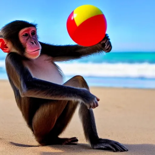 Prompt: monkey playing with beach ball at the beach,