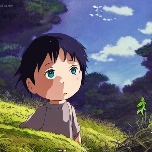 Image similar to friendly guy and small creature , with Fragile looking character portrait face made by Studio Ghibli highly detailed art, beautiful scene, sharp focus, smooth, 8k, anime art, wild, dark, fantasy, peaceful, sunshine, big eye, happy sunshine