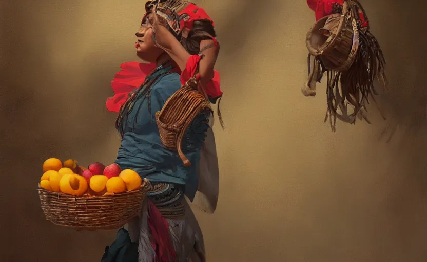 Prompt: A painting of an Aztec Woman carrying a Basket of Fruit trending on artstation in the style of Greg Rutkowski