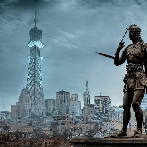 Image similar to statue of a warrior amongst the post apocalyptic city, hd photo