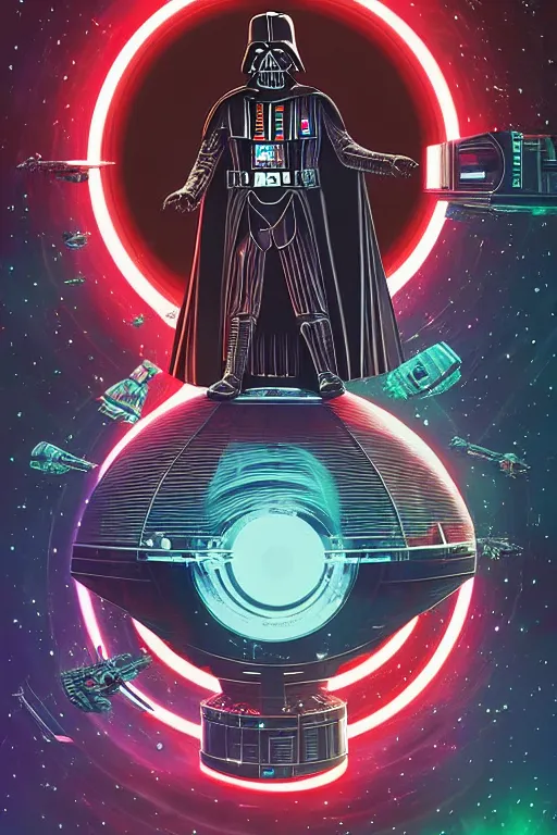 Image similar to darth vader dj standing on a giant science fiction turntable at a astronaut rave, digital art, winning award masterpiece, fantastically beautiful, illustration, dan mumford, moebius, artgerm, wlop 8 k