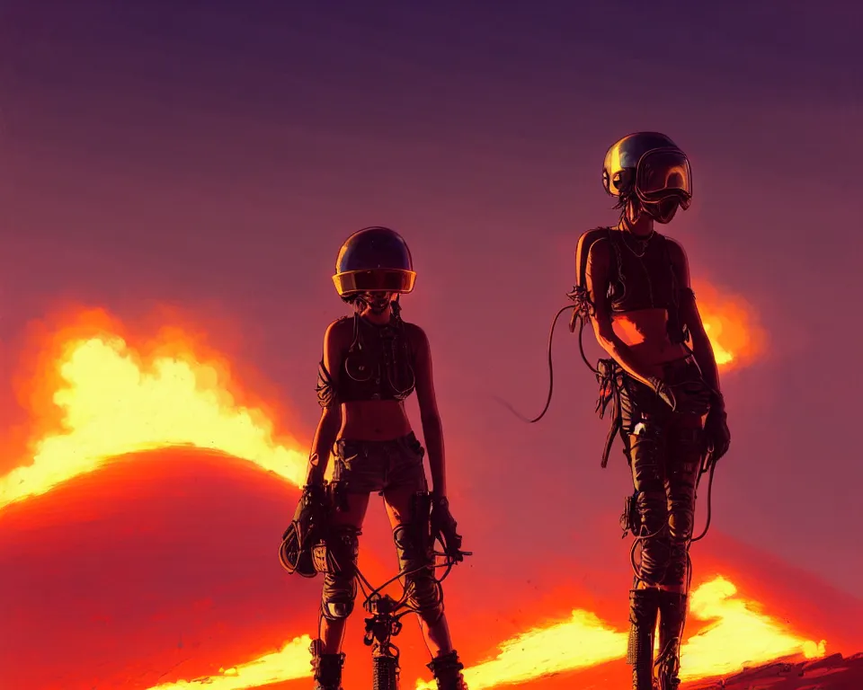 Image similar to a ultradetailed beautiful panting of post apocalyptic biker with helmet in front of burning desert, by ilya kuvshinov, greg rutkowski and makoto shinkai, trending on artstation