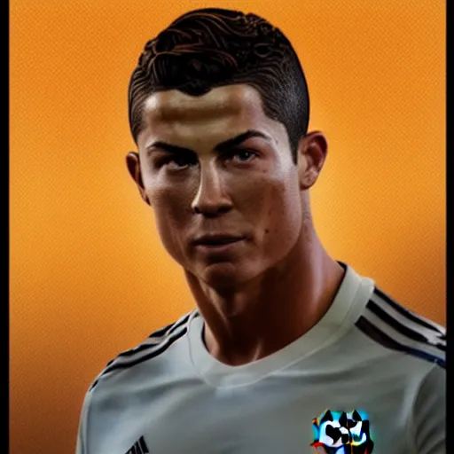 Image similar to christiano ronaldo, 3 d character art, wearing a barcelona jersey, symmetrical facial features, from arknights, hyper realistic, 4 k, rule of thirds, extreme detail, detailed drawing, trending artstation, realistic lighting, by alphonse mucha, greg rutkowski, short neck