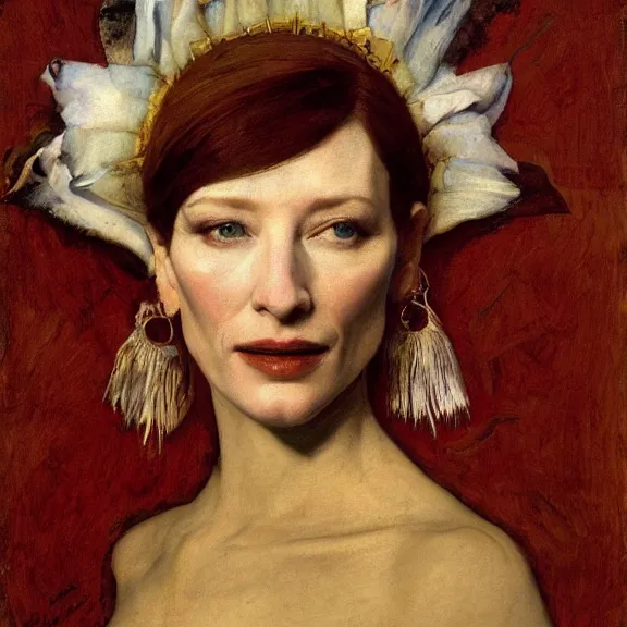 Prompt: cate blanchett by Annie Swynnerton and Nicholas Roerich and Vermeer, strong dramatic cinematic lighting, ornate headdress, lost civilizations, smooth, sharp focus, extremely detailed