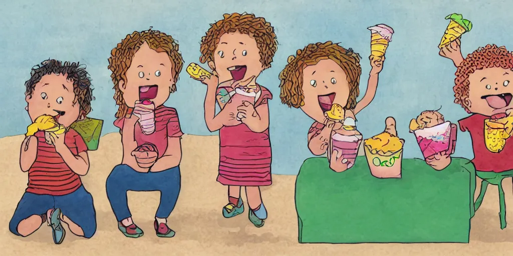 Image similar to a children's book illustration of three young kids enjoying ice cream in the style of steve simpson