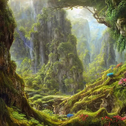 Prompt: a beautiful and highly detailed oil painting of a secret valley deep in the mountains, a lost temple, ancient trees, lush plant growth, tall grass, flowers, intricate details, epic scale, insanely complex, 8 k, sharp focus, hyper realism, fantasy landscape, psychedelic, by caspar friedrich and brian froud,