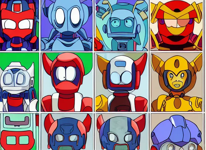 Image similar to a 3 - by - 3 grid of 9 framed closeup face portraits of cute evil robots, in the style of mega man.