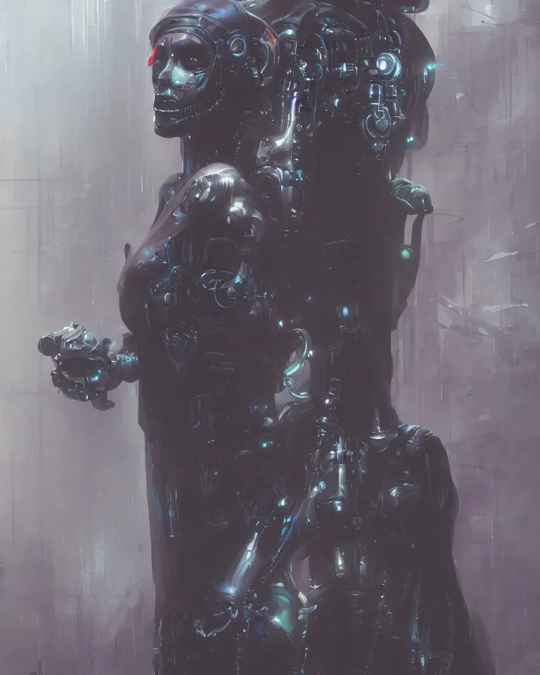 Prompt: a haunting ominous painting of a horrifying but beautiful cybernetic ghost in the style of brom, cyberpunk, artstation