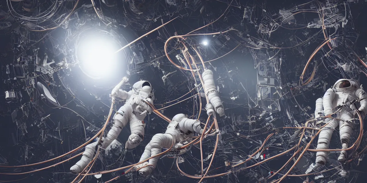 Prompt: astronaut entangled by a lot of cables, connected to a supercomputer designed by Dieter Rams, cinematic lighting, haze, moonlight, strong shadows, octane render, lens flare