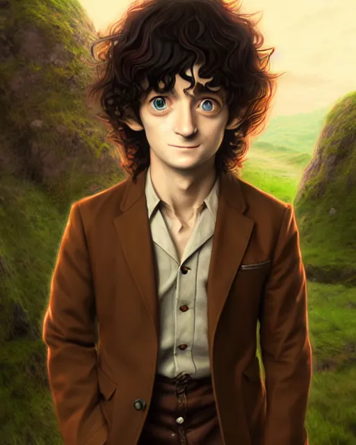 Image similar to portrait Anime joyful Hobbit Frodo Baggins; velvet brown jacket, backpack, Shire background || cute-fine-face, pretty face, realistic shaded Perfect face, fine details. Anime. realistic shaded lighting by Greg Rutkowski