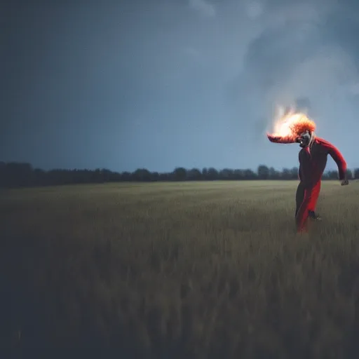 Prompt: man wearing clown makeup dancing in field on fire, cinematic lighting, 8 k