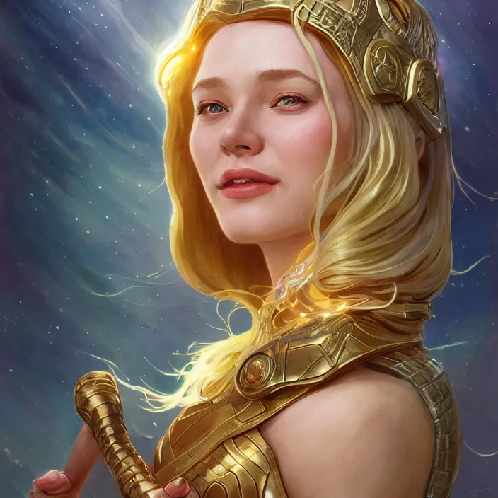 Image similar to smiling beautiful female thor with sparkling eyes, closed up portrait, highly detailed, gold filigree, fantasy, soft cinematic lighting, award, disney concept art, watercolor illustration by mandy jurgens and alphonse mucha and alena aenami, pastel color palette, featured on artstation