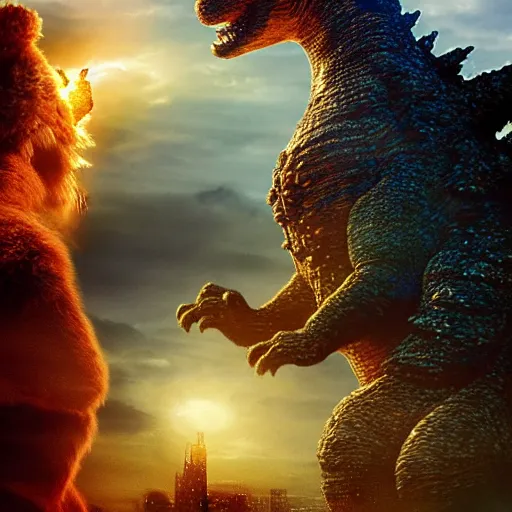 Image similar to godzilla with the head of winnie the pooh and the face of xi jinping, cinematic composition, epic dramatic lighting, realistic, hyperdetailed, photorealistic, photograph, epic scale by gaston bussiere