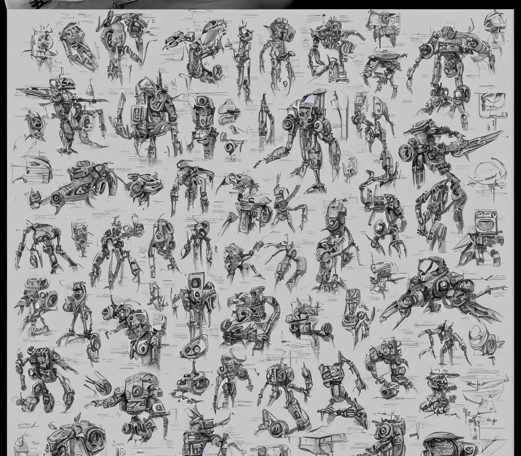 Prompt: many sketches of robots, on a notebook page, pencil, by Peter Mohrbacher technical drawing