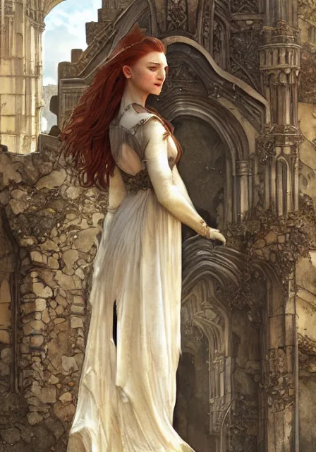 Prompt: sansa stark in ruins of castle, intricate, elegant, highly detailed, digital painting, artstation, concept art, smooth, sharp focus, illustration, art by artgerm and greg rutkowski and alphonse mucha and william - adolphe bouguereau