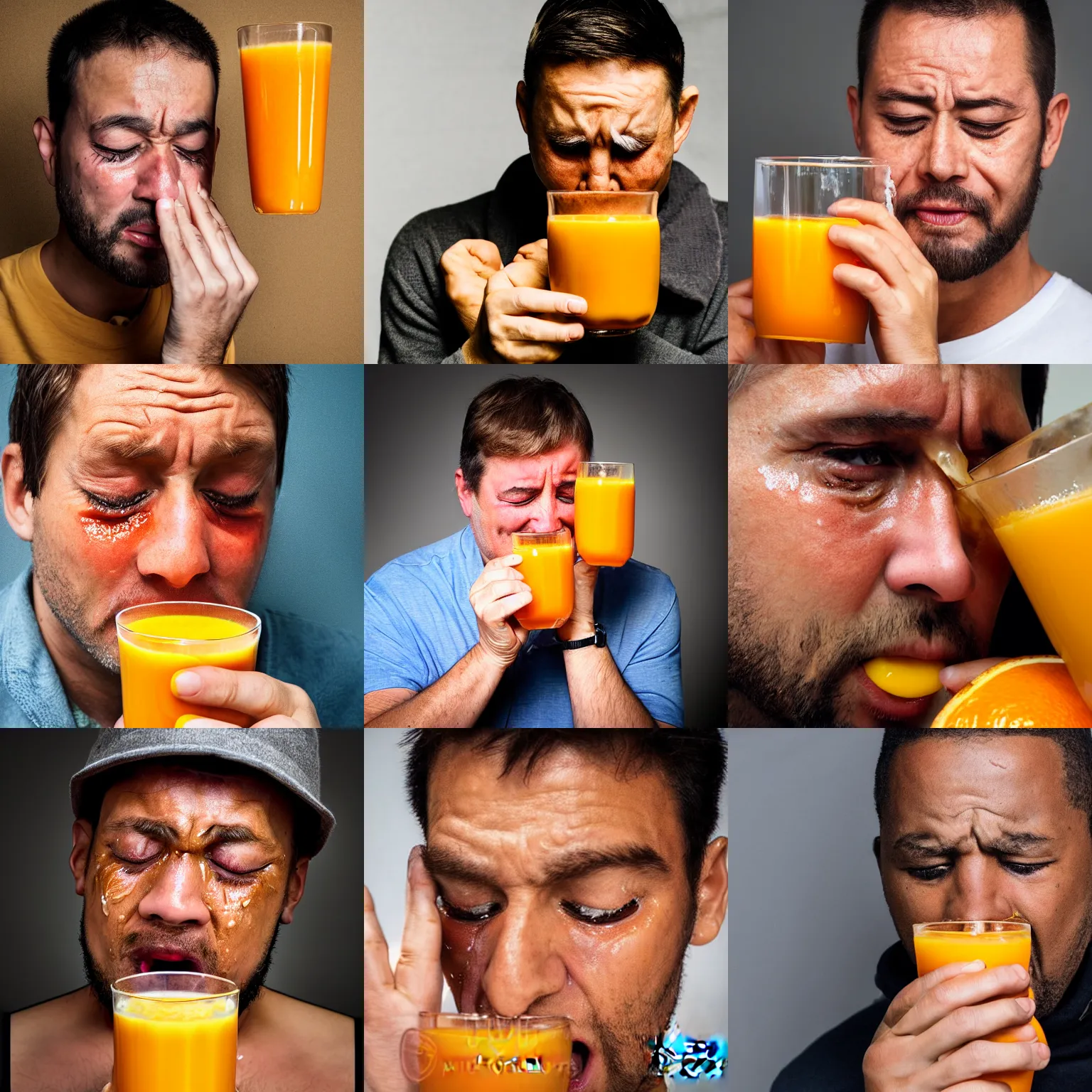 Prompt: man crying tears of orange juice, photograph portrait