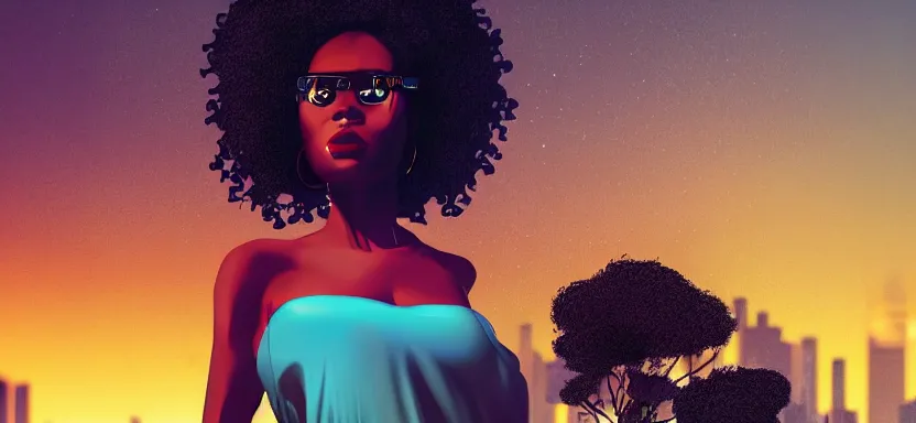 Image similar to portrait of a beautiful black woman with afro hair, cyberpunk rio de janeiro background, digital art, trending on artstation, brushstrokes, backlit, corcovado on the background