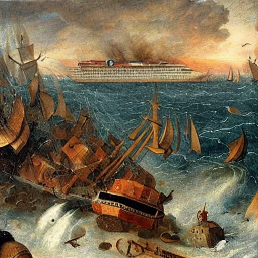 Image similar to A giant squid destroying a cruise ship in the middle of the ocean, oil painting by Jan Steen