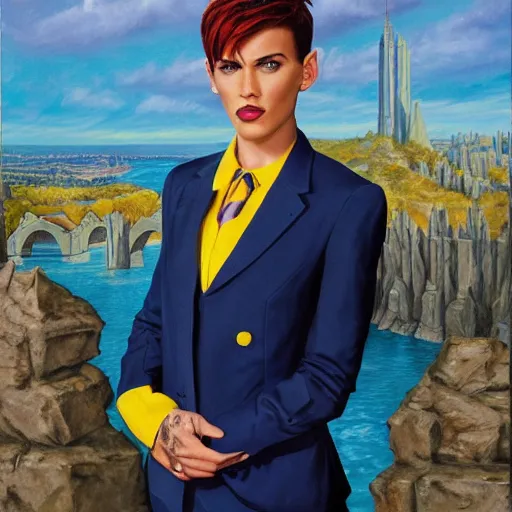 Image similar to portrait of Ruby Rose with messy spiked auburn hair and pointed ears and dressed in a blue men's suit with a yellow tie, standing on a stone bridge with a fantasy city of tall stone towers in the background, oil painting by Alex Ross