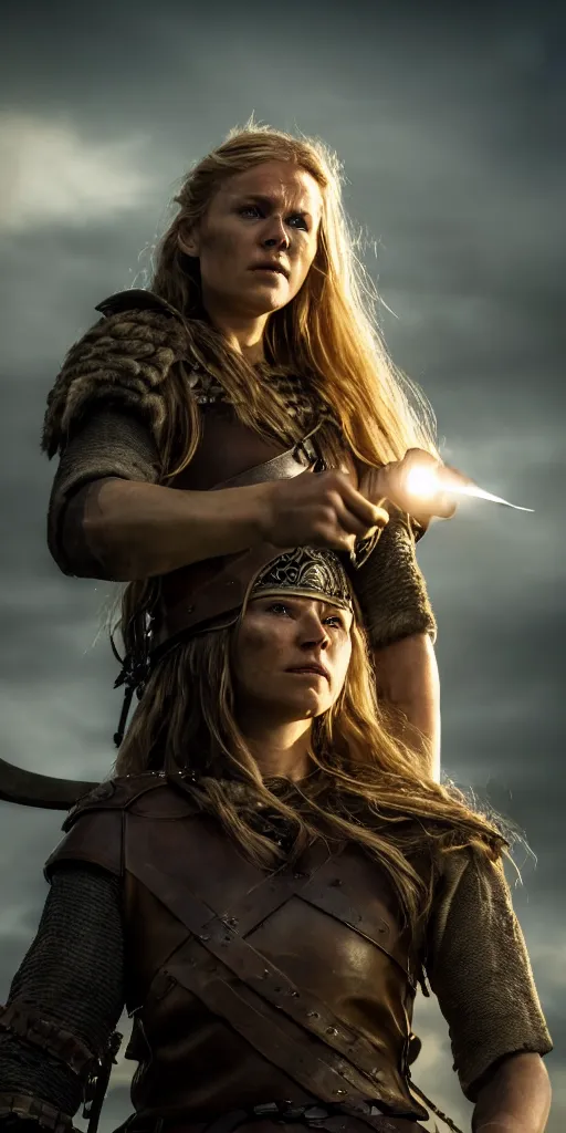 Image similar to a photograph of viking shield maiden in the battlefield, action movie, movie still, cinematic, filmic, dramatic, volumetric light