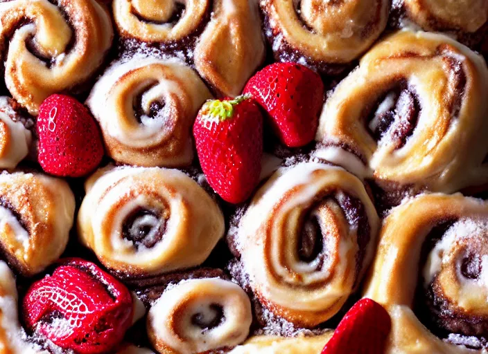 Prompt: sugary hot cinnamon rolls with extra glaze, strawberries, sprinkles, and coins, professional food photography, studio lighting, plating