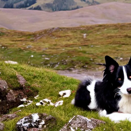 Prompt: a border collie sat outside a mountain cottage