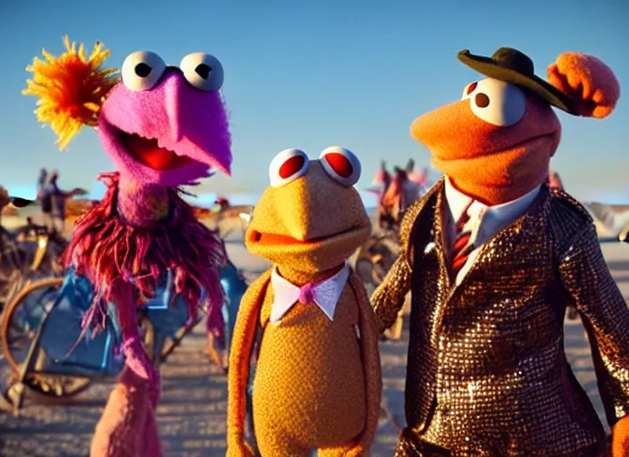 Prompt: The Muppets partying at Burning Man, cinematic