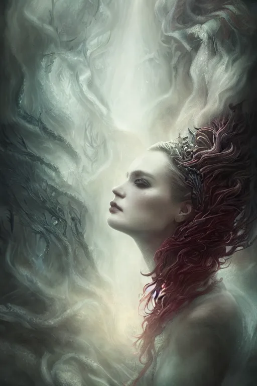 Image similar to Majestic poison queen , intricate, epic, elegant, menacing, fantasy, highly detailed, digital painting, hard focus, beautiful volumetric lighting, epic light, ultra detailed, Horror, souls, ghosts, smoke by Leesha Hannigan, Ross Tran, Thierry Doizon, Kai Carpenter, Ignacio Fernández Ríos