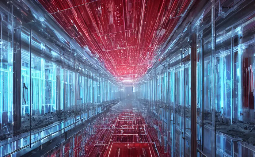 Prompt: a stunning photo of a dark derelict sci-fi biosafety level 4 ward belonging to a company called Relith Science, with rows of glass cylinders holding different specimens of severed limbs, dark lighting, volumetric light, red, cyan, misty, ultra-detail, unreal engine 5, photorealistic