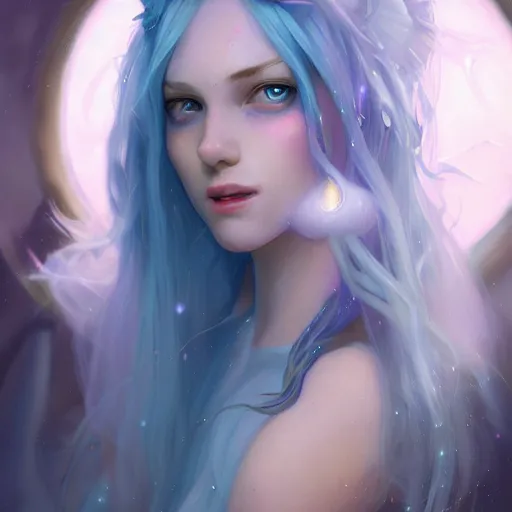 Prompt: fae princess with long flowy blue hair, shimmery skin, detailed background, moonlight streaming through window, cinematic lighting, highly detailed, digital painting, trending on artstation, pixiv, concept art, sharp focus, illustration, art by wlop