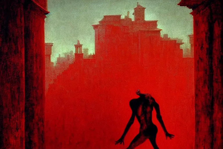 Image similar to only with red, a red tiger, rome in the background, medieval demons dance, an ancient path, in the style of beksinski, part by hopper, part by rodcenko, part by hofbauer, intricate composition, red by caravaggio, insanely quality, highly detailed, masterpiece, red light, artstation