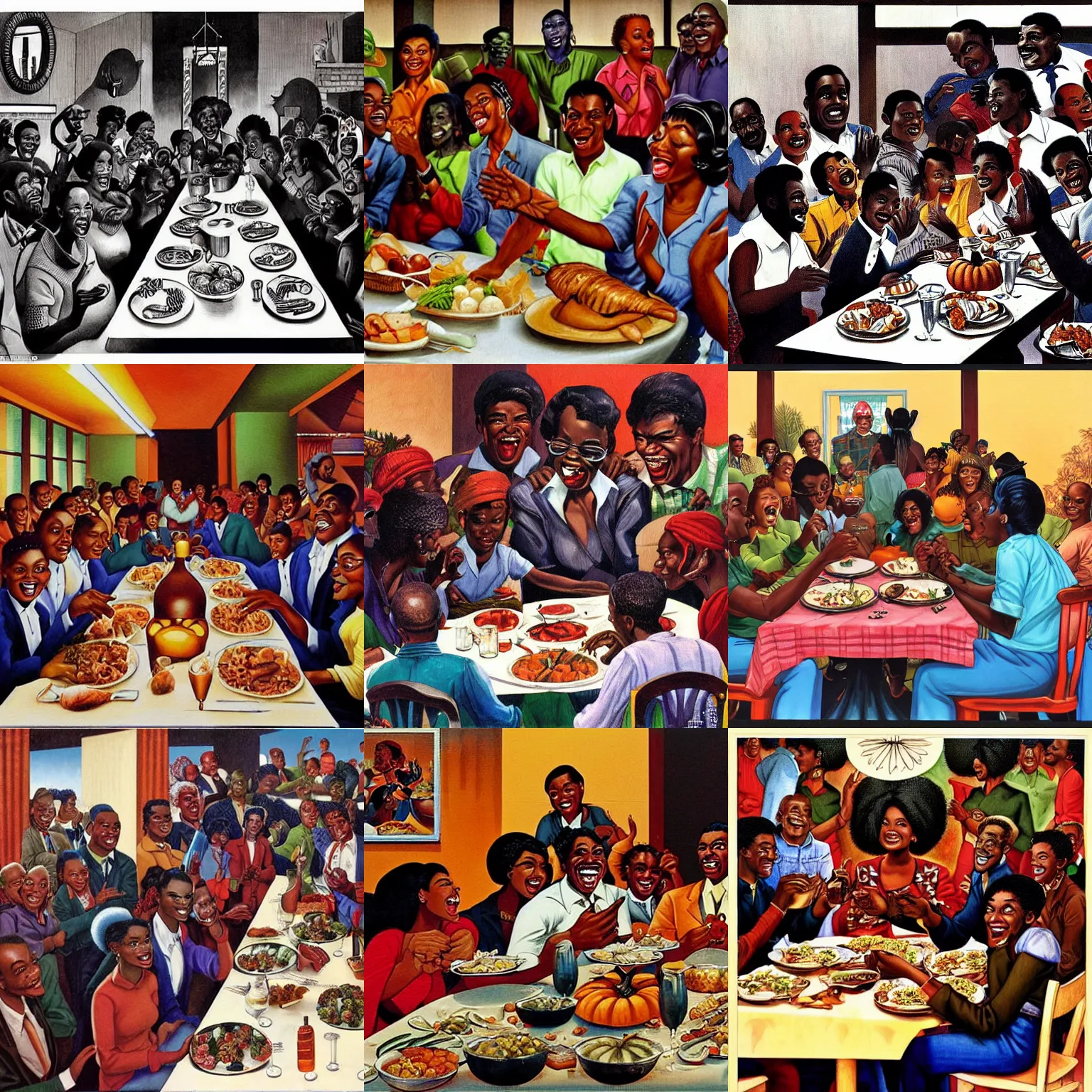 Prompt: black people gathered together eating thanksgiving dinner, happy, joyful faces,, painted by ernie barnes