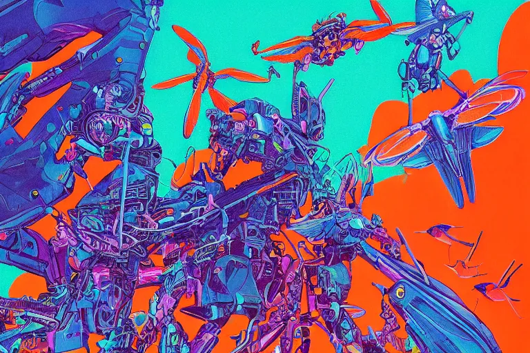 Image similar to risograph, gigantic mecha arzach birds with dragonflies, tiny rats, a lot of exotic animals around, big human faces everywhere, helicopters and tremendous birds, by satoshi kon and moebius, matte summer blue and neon orange colors, surreal psychedelic design, crispy, super - detailed, a lot of tiny details, 4 k, fullshot