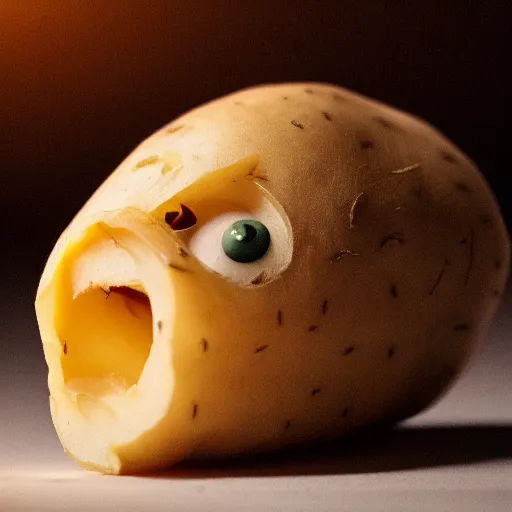 Prompt: angry potato alone in a room, dramatic lighting nighttime, photoreal 8 k