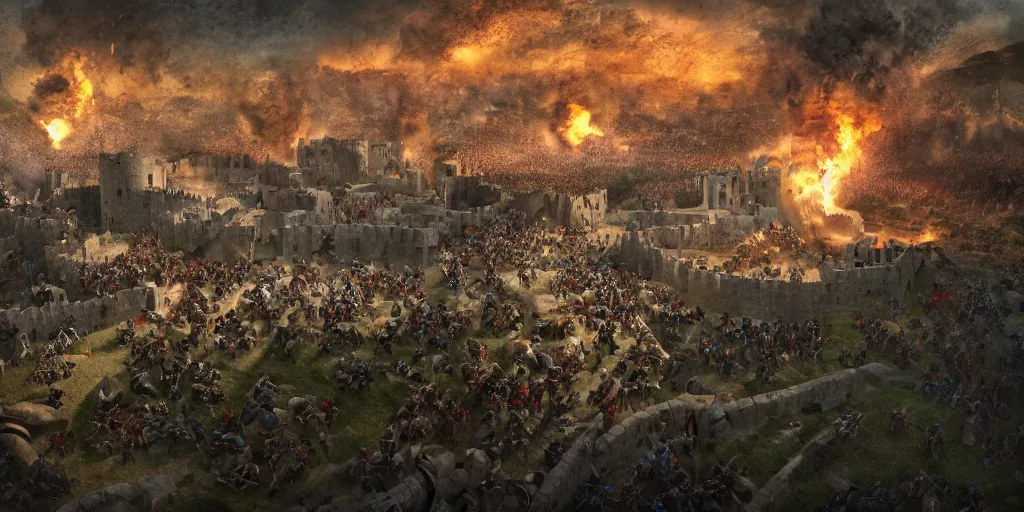 Image similar to Medieval battle in Castell de Quermançó, telltale style, realistic 4k octane beautifully detailed render, 4k post-processing, highly detailed, intricate complexity, epic composition, magical atmosphere, cinematic lighting, masterpiece, ultra hd