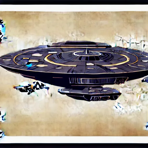 Image similar to design, starship enterprise from star trek, borders, lines, decorations, muted colors, by jean - baptiste monge