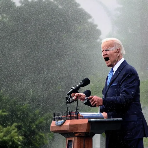 Image similar to a predator monster battling joe biden on the white house lawn during a storm, dramatic