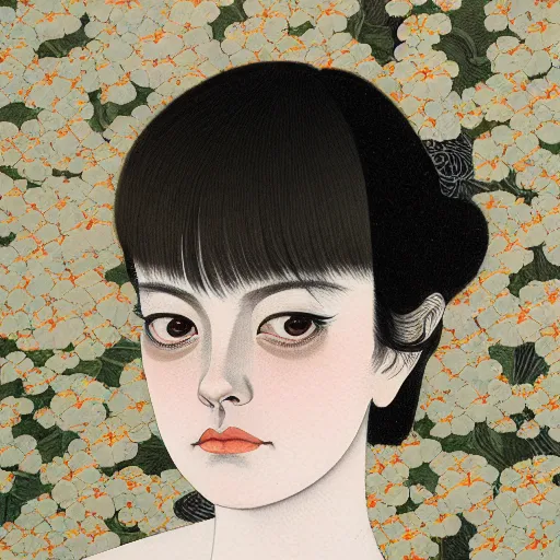 Prompt: “ emma stone portrait by ikenaga yasunari, drawing, realistic, sharp focus, japanese, dreamy, nostalgia, faded, golden hues, floral clothes, ”
