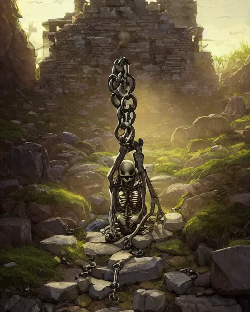 Image similar to a skeleton sitting chained up a corner, stone bricks, moss, sunbeams, ancient. Atmospheric lighting, By Makoto Shinkai, Stanley Artgerm Lau, WLOP, Rossdraws, James Jean, Andrei Riabovitchev, Marc Simonetti, krenz cushart, Sakimichan, D&D trending on ArtStation, digital art.