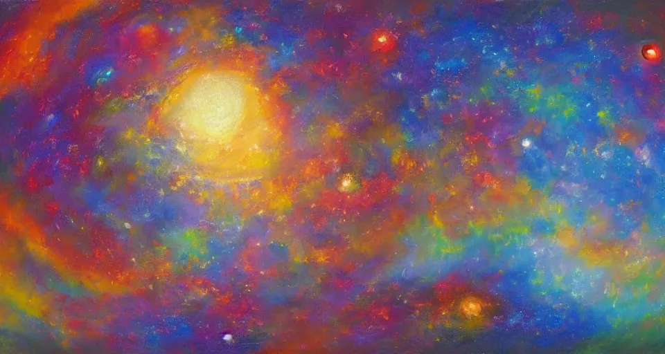 Image similar to award - winning realistic oil painting of a large planet made of colourful gas, colourful bright stars