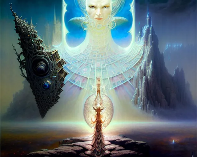 Prompt: the stronghold of white light, fantasy character portrait made of fractals facing each other, ultra realistic, wide angle, intricate details, the fifth element artifacts, highly detailed by peter mohrbacher, hajime sorayama, wayne barlowe, boris vallejo, aaron horkey, gaston bussiere, craig mullins