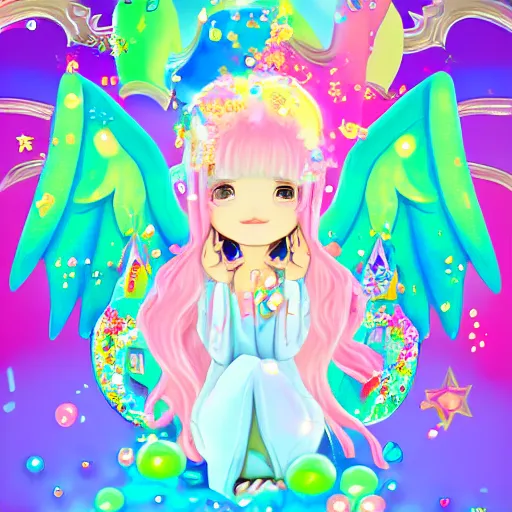 Image similar to angel in disguise, slimy slime drenched skinny divine holy androgynous being of glitter glue, pastel cute slime, 3 d polygon ui of neon ornamental rococo frames, maximalist decora sanrio pixiv pixar concept art