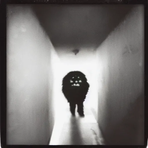 Prompt: Polaroid photo of an unidentifiable creature at the end of the hallway, creepy white eyes, black dark mouth staring at the camera, the picture was taken from a messy room, found footage, 1995