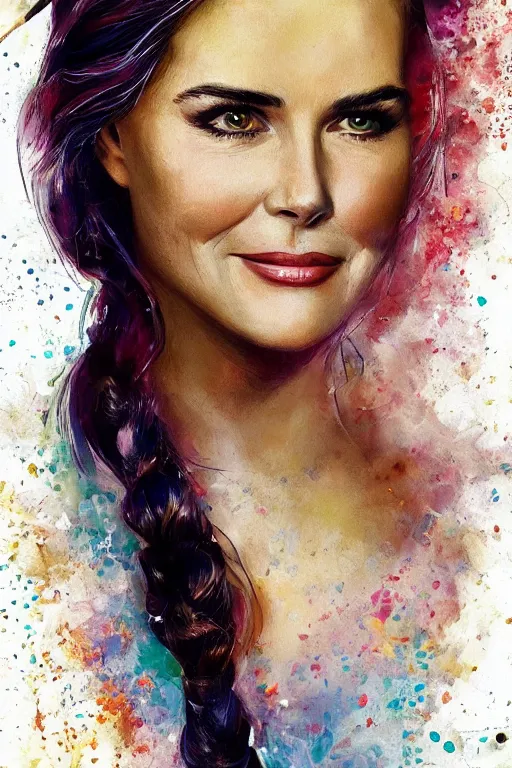 Image similar to portrait of a mix of beautiful young maria shriver, mariel hemmingway, brooke shields, nicole kidman and elle macpherson as a mermaid, thin lips, hair tied up in a pony tail, colorful artstation, cgsociety