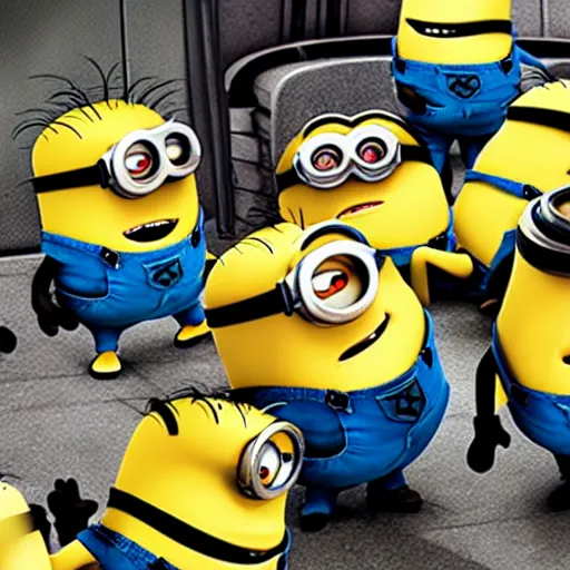 Prompt: photograph of several minions from despicable me being compacted by a trash compactor