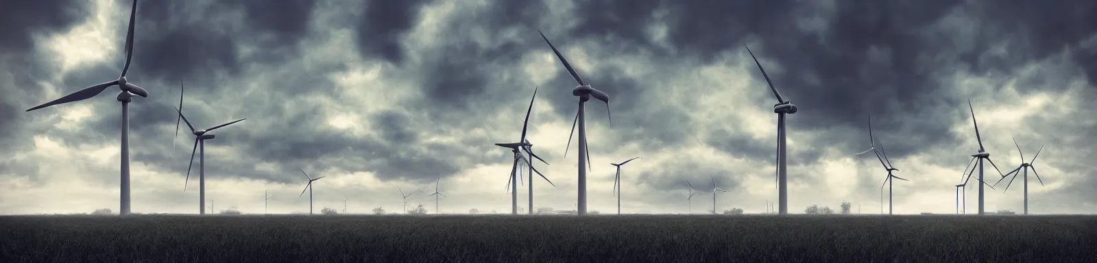 Image similar to Stormy sky with the lightings in the clouds, blueshift render, pipes, a wind turbine in the background, depth of field, concept art, Full HD, 1128x191 resolution