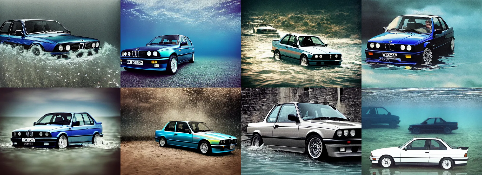Image similar to “BMW e30 driving through an underwater city, photo taken from a long shot, matter painting, iridescent small fish” H 896